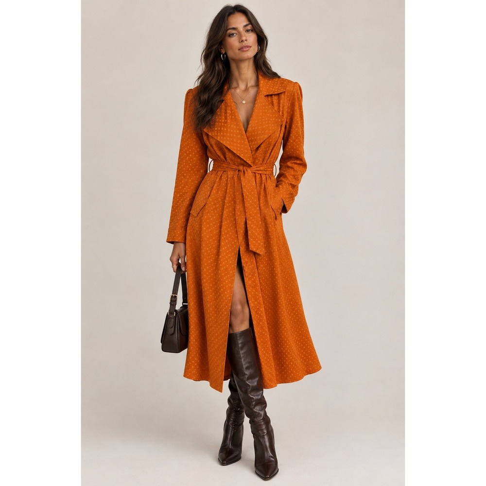 Leith Burnt Orange Polka Dot Jacquard Trench Coat Duster XL TL416208MI